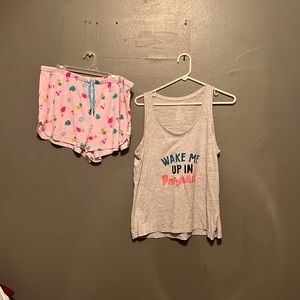 (2) piece tank top pj set  with pink flamingos on them